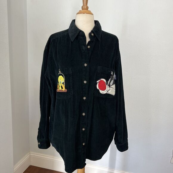 Loony Tunes Shacket Corduroy M Green Sylvester & Tweety Bird Button Up Shirt - Picture 1 of 10